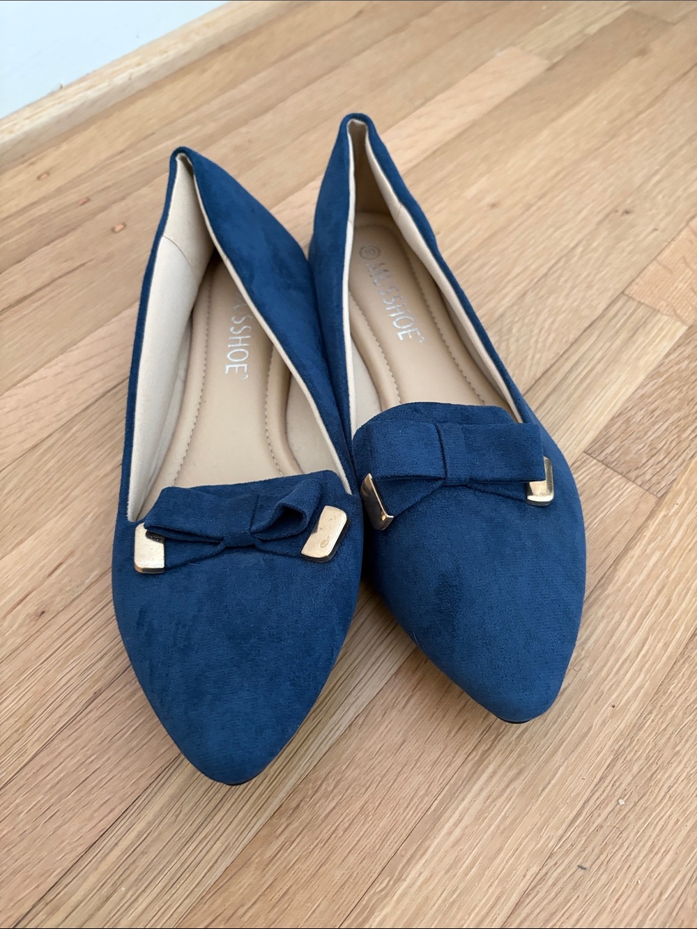Navy Pointed-Toe Bow Flats with Gold Accent